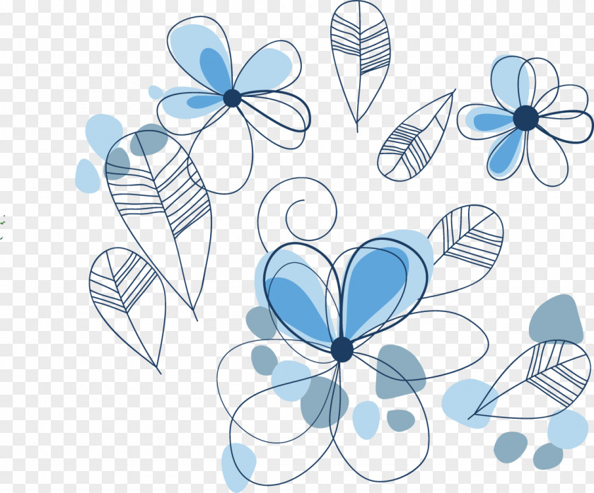 Vector Blue Line Drawing Flowers PNG