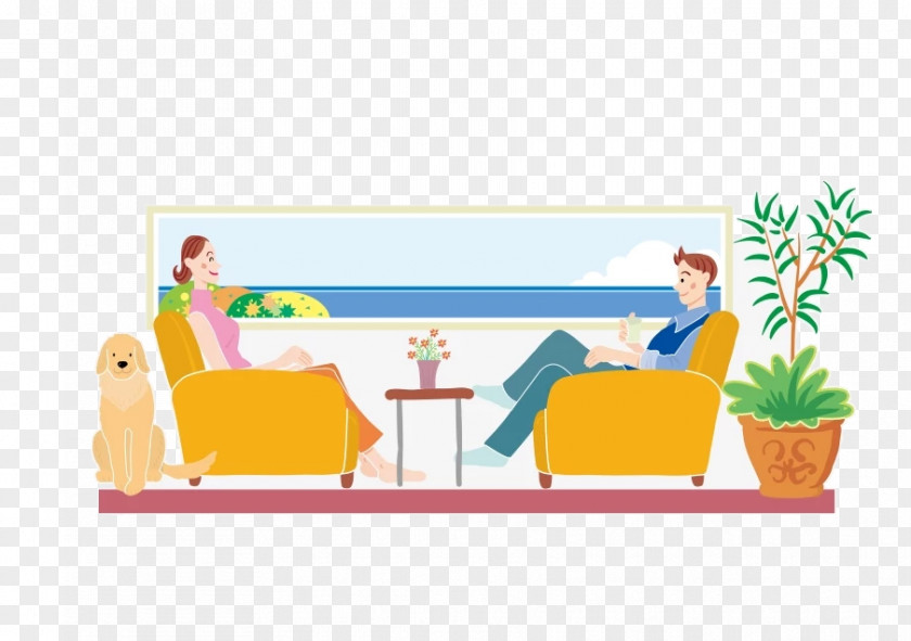 Sitting On The Couch Of Men And Women Table Illustration PNG