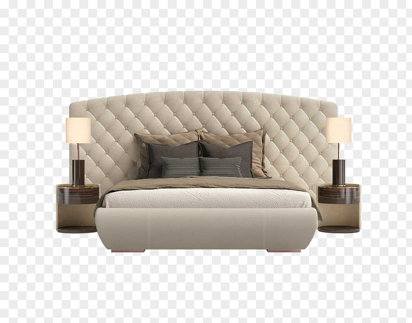 Beige Double Bed Table Bedroom Headboard Furniture PNG