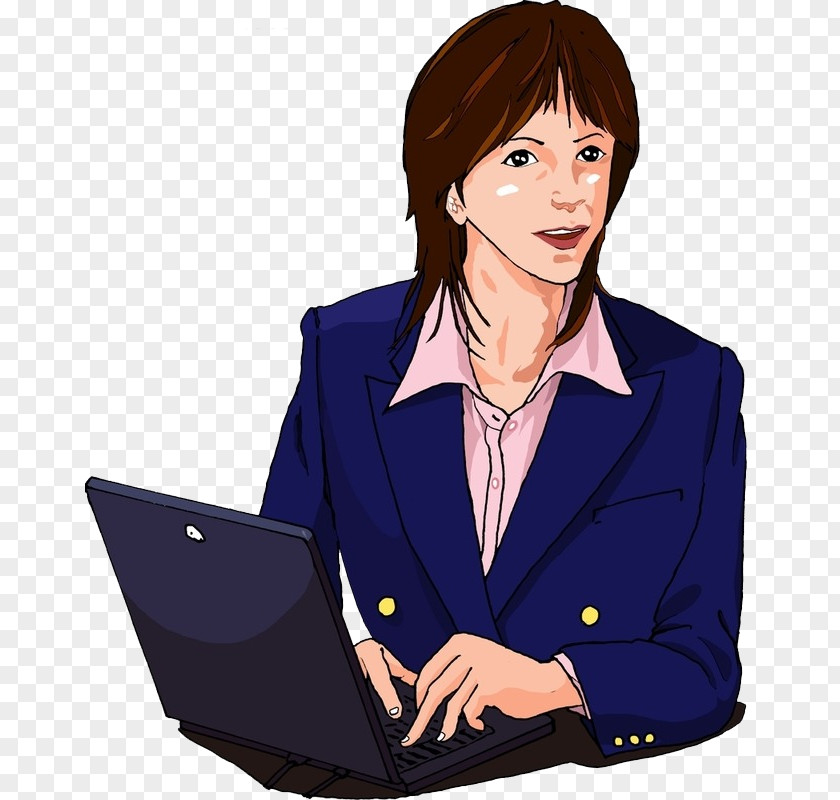 Cartoon Is At The Computer Desk Lady Laptop Clip Art PNG