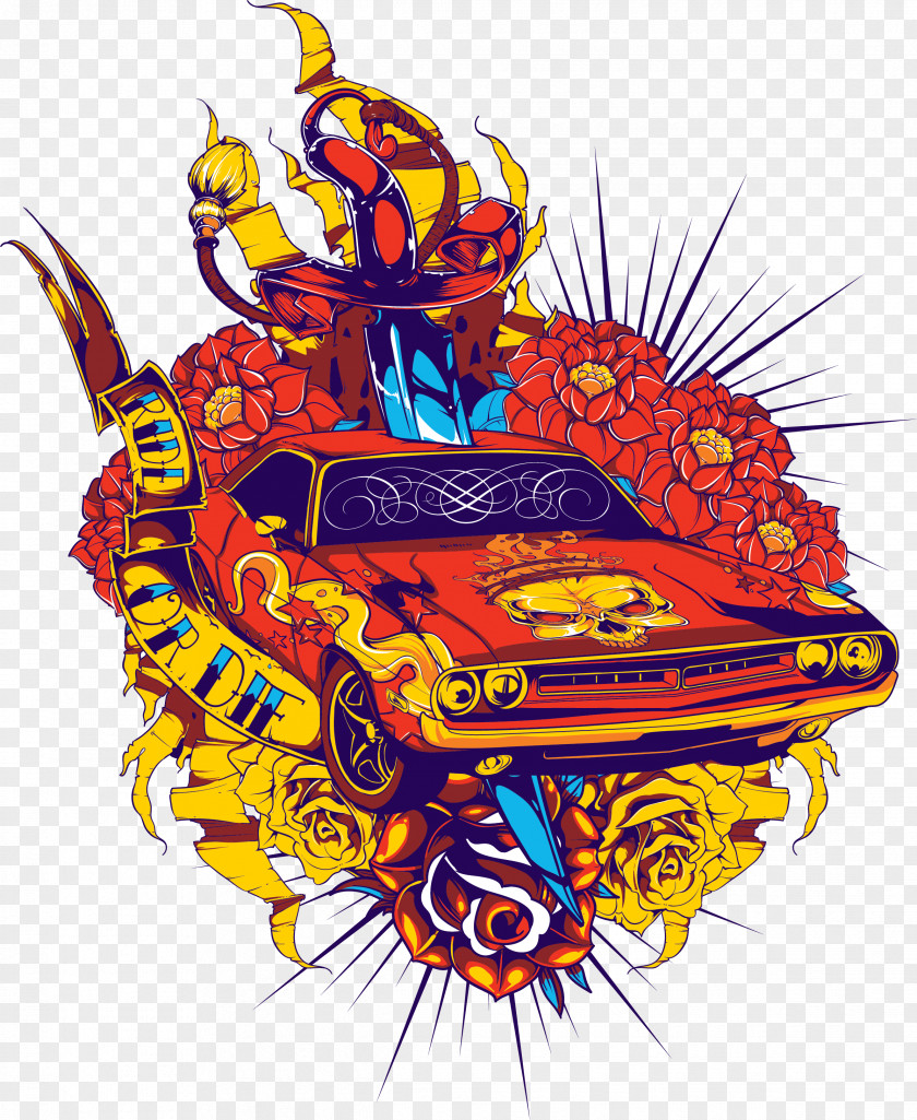 Flowers And Cars Printed T-shirt Hoodie Top PNG