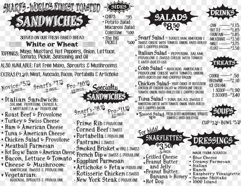 Menu Snarf's Sandwiches Spire Dr. Michael R. Line, MD PNG