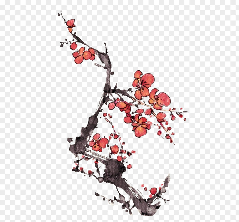 Red Plum Blossom Chinese Painting Ink Wash Gongbi PNG