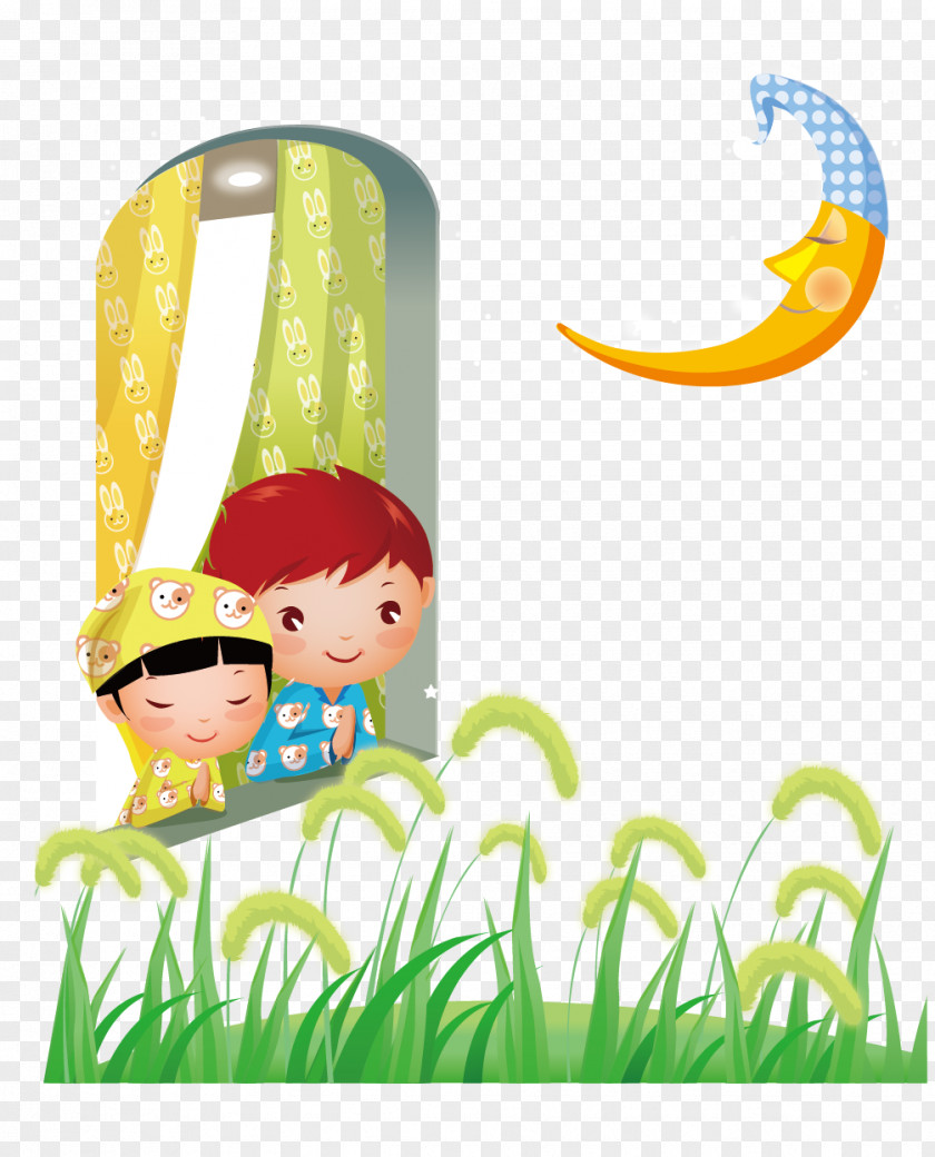Children Standing At The Window Watching Moon Download Illustration PNG
