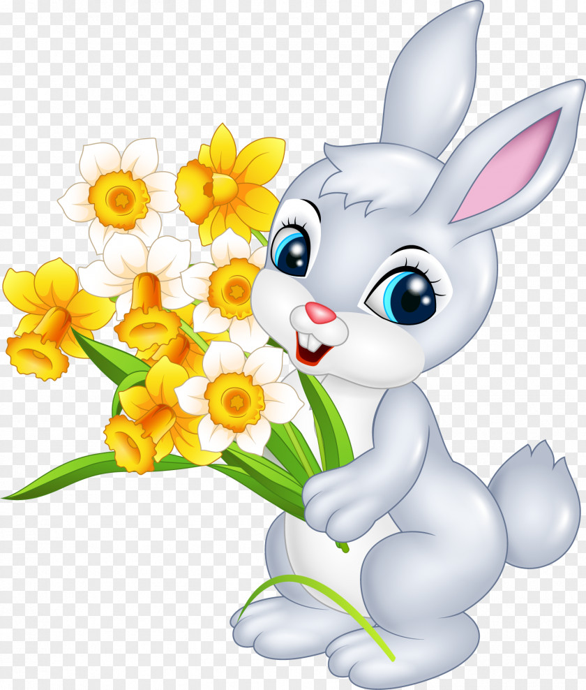 A Little Rabbit With Flower Easter Bunny Cartoon Illustration PNG