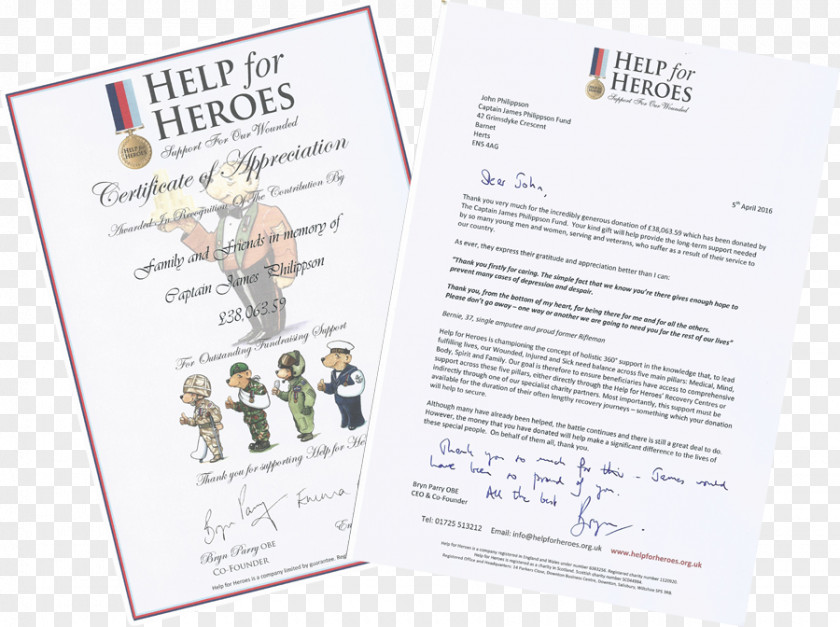 Appreciation Certificate HELP FOR HEROES A5 D Otter House Brand PNG