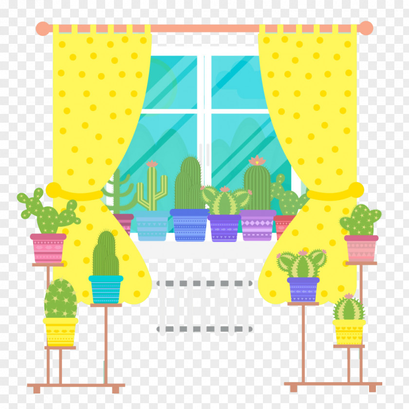 Cactus And Windows Window Curtain Illustration PNG