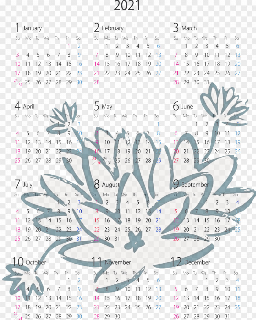 2021 Yearly Calendar PNG