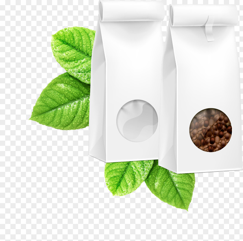 Green Leaves On White Coffee Bags Paper Bag PNG