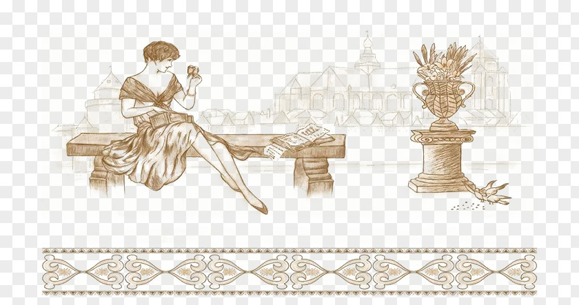 Beauty Sitting On A Stone Bench Illustration PNG