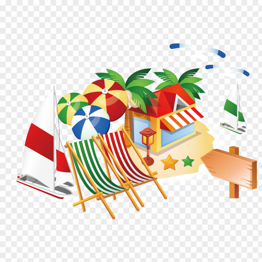 Coconut Tree House And Umbrella Illustration PNG