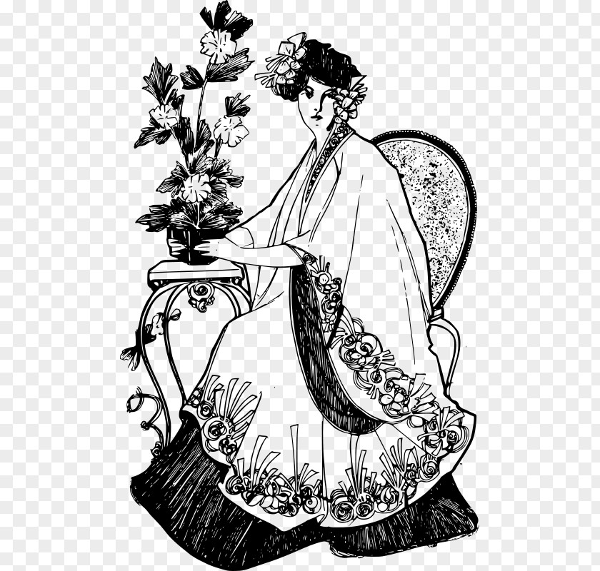 Kimono Clipart Flower Black And White Woman Clip Art PNG
