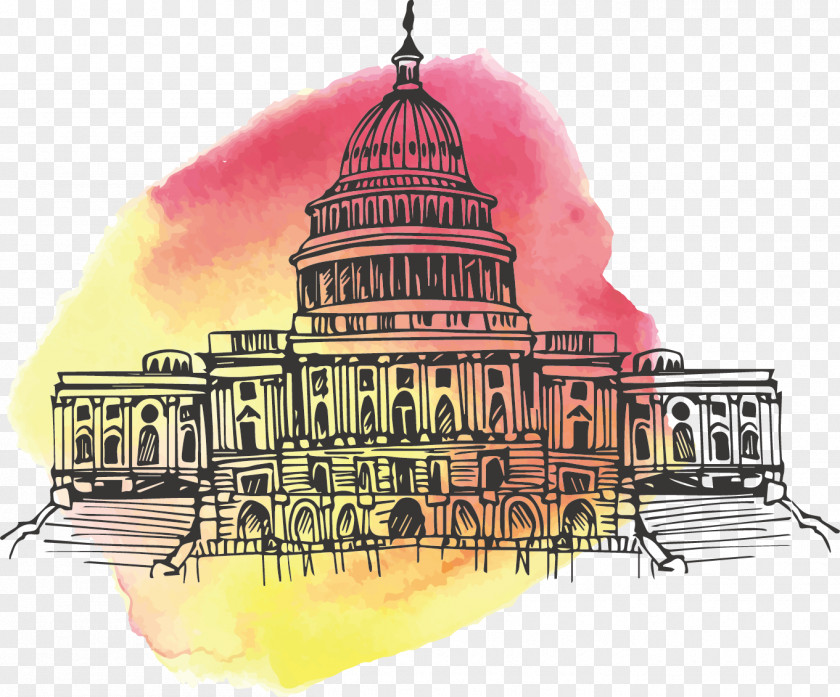 American Watercolor Landmarks United States Painting Architecture Facade Illustration PNG