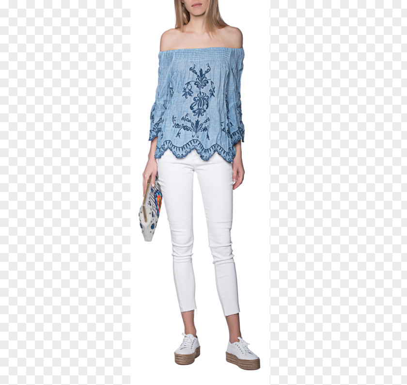 Jeans Shoulder Denim Embroidery Blouse PNG