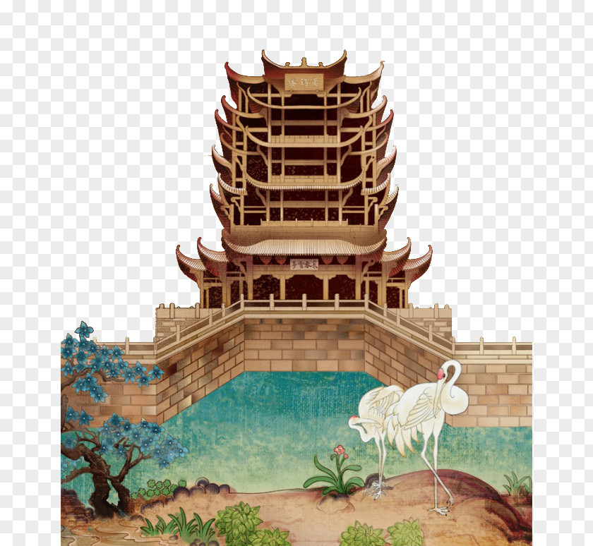 Watercolor Yellow Crane Tower Building Painting Architecture PNG