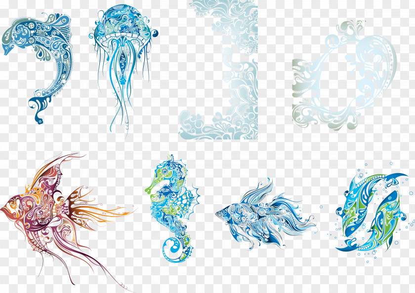 Vector Pattern Composed Of Marine Organisms PNG