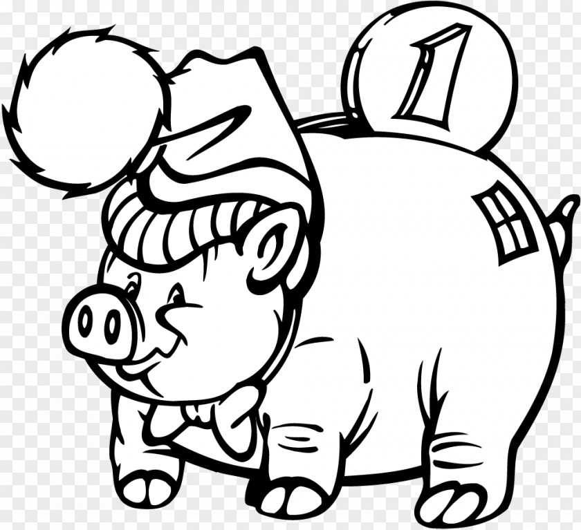 Cute Piggy Bank Black And White Decal Clip Art PNG