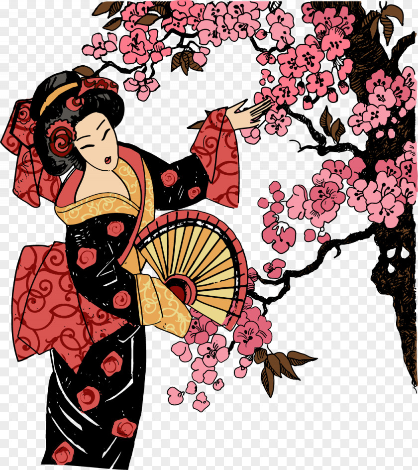 Japanese Women Garden Design Geisha Illustration PNG