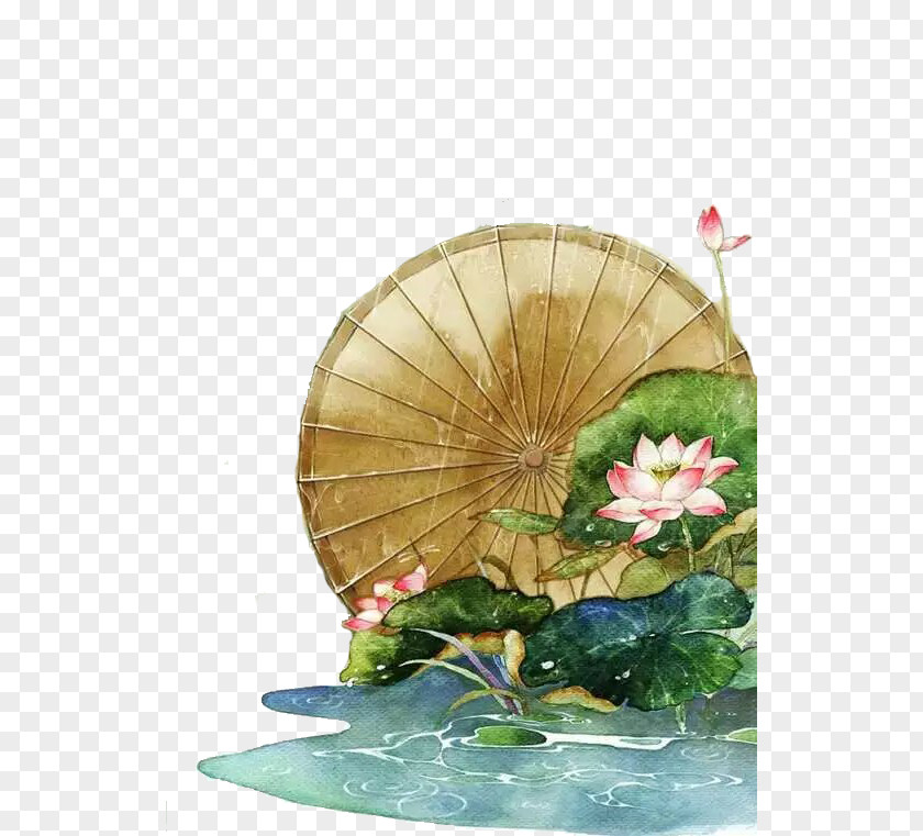 Antiquity Lotus Umbrella Watercolor Painting Ink Wash Fukei Illustration PNG