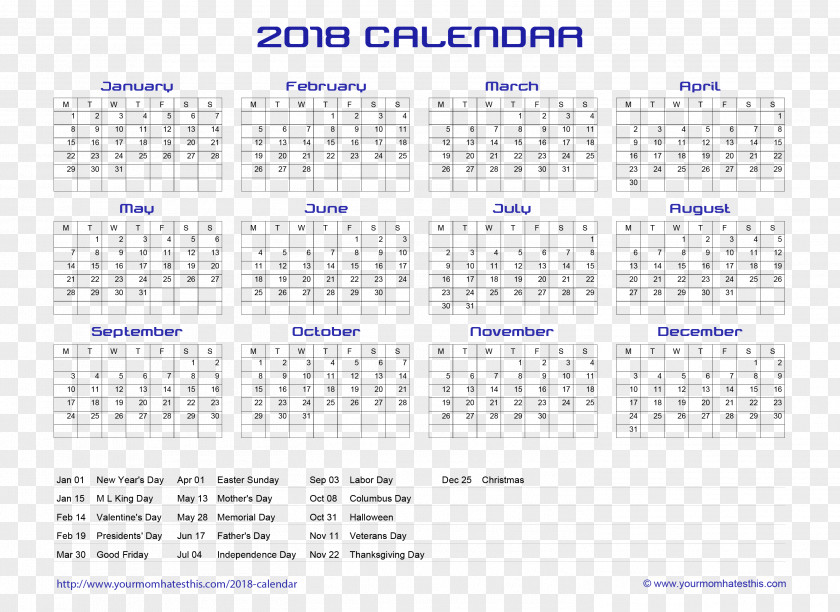 2018 Calendar New Year Clip Art PNG