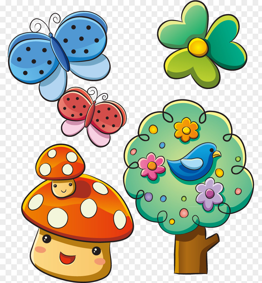 Lovely Mushroom Vector Material Trees Insect Animation Illustration PNG