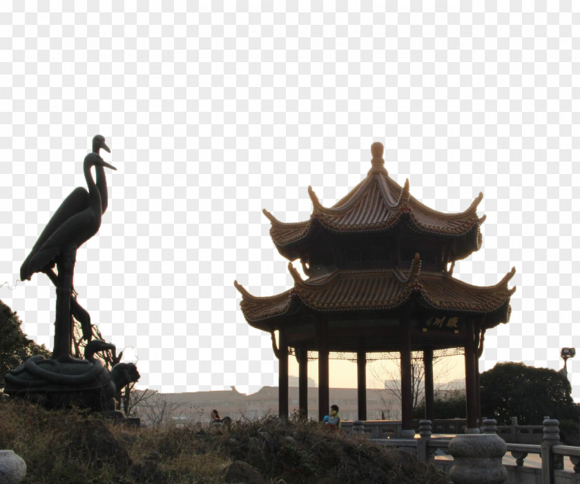 Yellow Crane Tower In Front Of The Statue And Small Pavilion Wuhan Yangtze River Bridge Wuchang District PNG