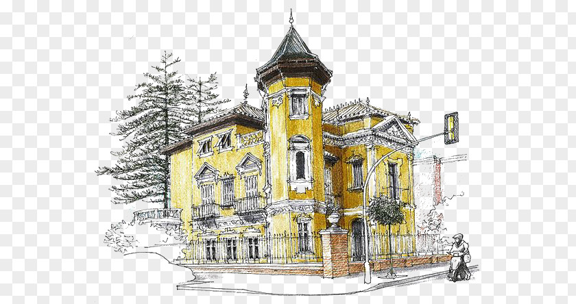 Vintage Yellow Building Drawing Painting Sketch PNG