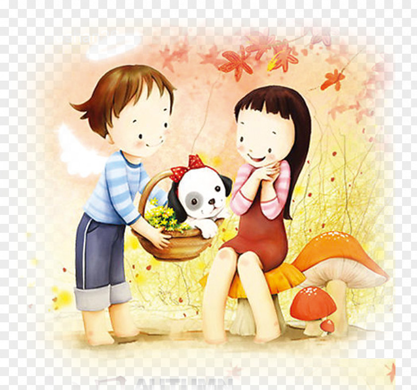 Cute Cartoon Couple Puppy Love Drawing Illustration PNG