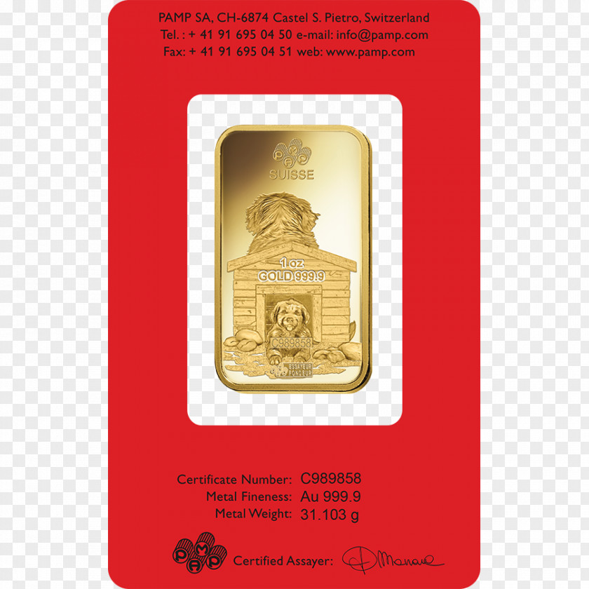 Gold Ingot Puppy Bar Bullion Coin PAMP PNG