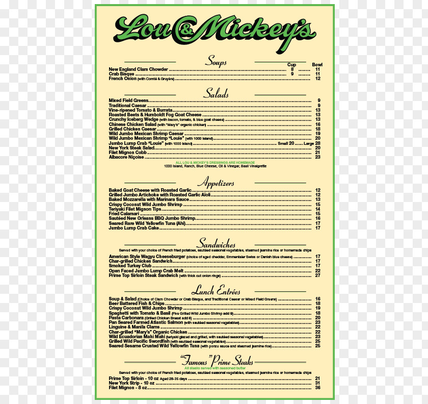 Menu Lou & Mickey's Lunch Dinner Dessert PNG