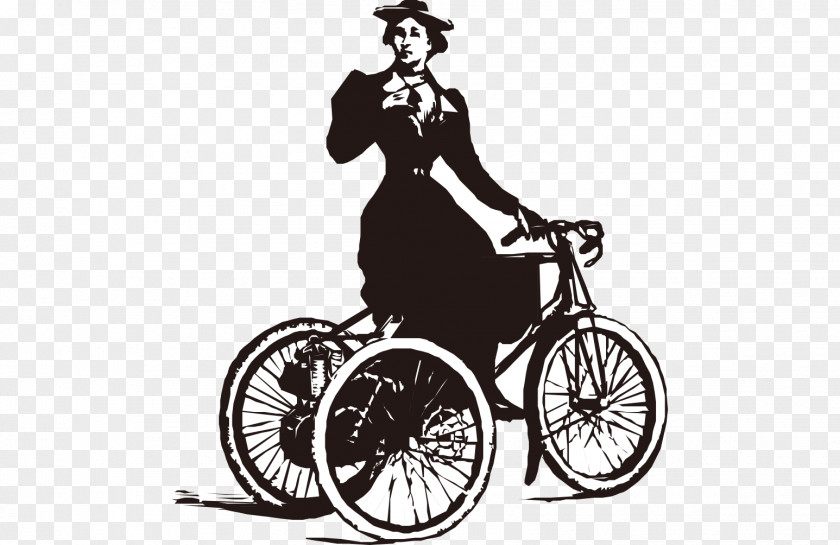 European Hand-painted Black And White Cartoon Lady Cycling Bicycle BMX Bike Dirt Jumping Motorized Tricycle PNG