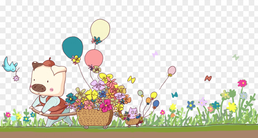 Hand-painted Pig Cartoon Illustration Spring Pull Floats Free Download PNG