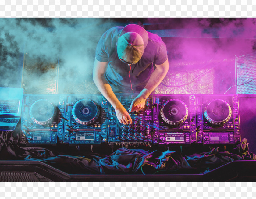 Disc Jockey Electronic Dance Music DJ Mixer PNG jockey dance music mixer, Dj Event, using black and gray controller surrounded by pink blue smoke clipart PNG