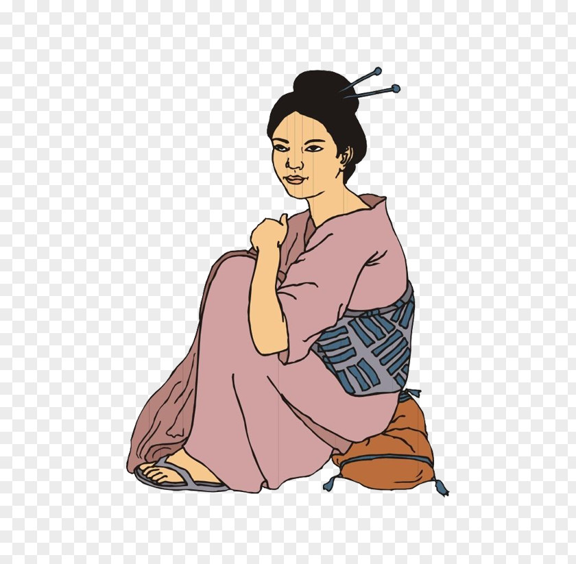 A Seated Japanese Woman In Kimono Japan Cartoon Illustration PNG