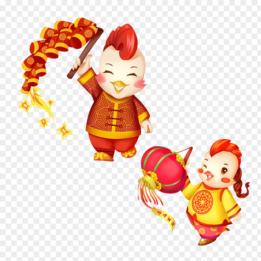 Two Chicken Baby Chinese New Year Zodiac Cartoon Firecracker PNG