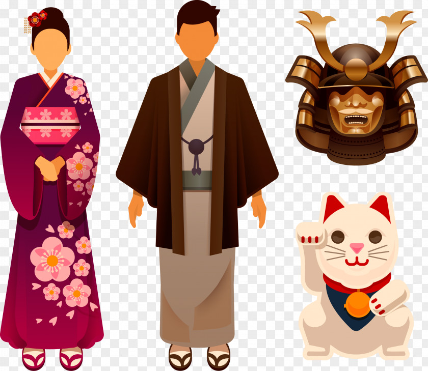 Japanese Kimono Material Vector Cartoon Lucky Cats Warrior Japan Tradition PNG