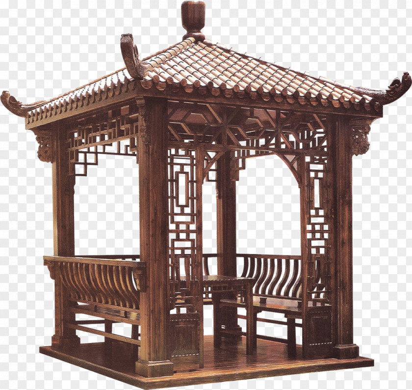 Carbonized Wood Four Angle Pavilion Gazebo Garden Chinese PNG