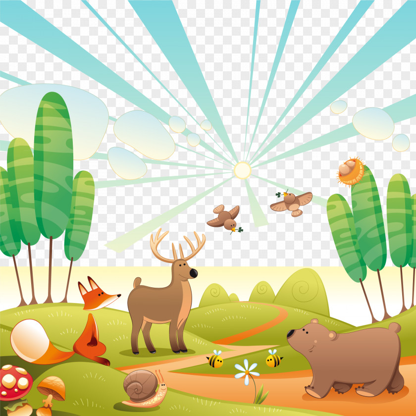 Animals In The Forest Landscape Vector Woodland Mural Wallpaper PNG