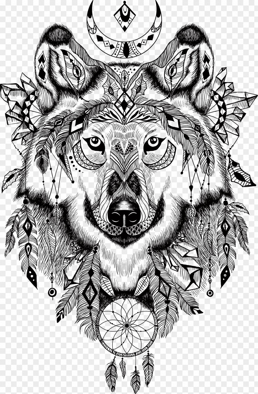 Wolf Totem Gray T-shirt Aztec Illustration PNG