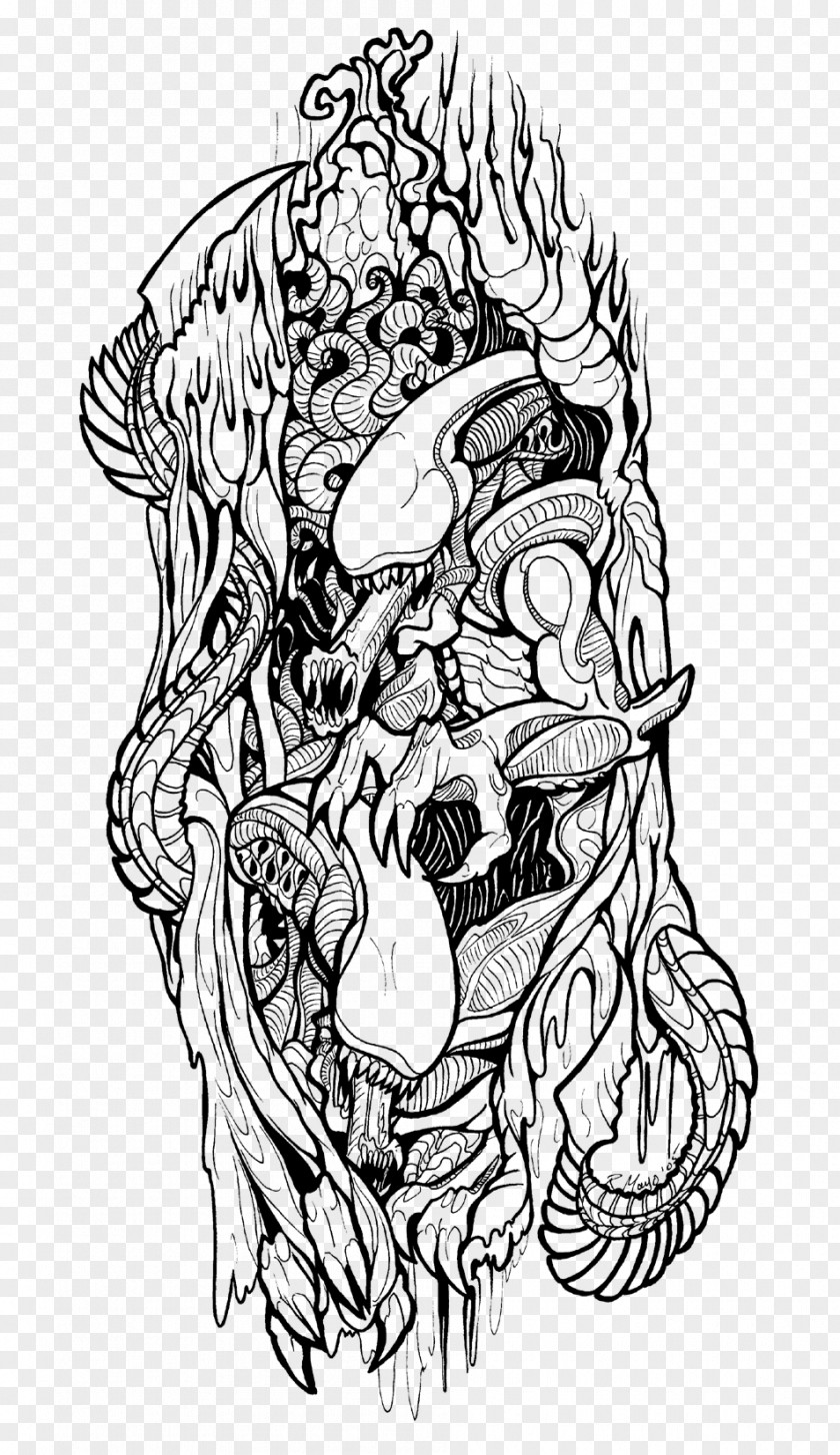 Skeleton Gun Predator Sleeve Tattoo Flash Drawing PNG