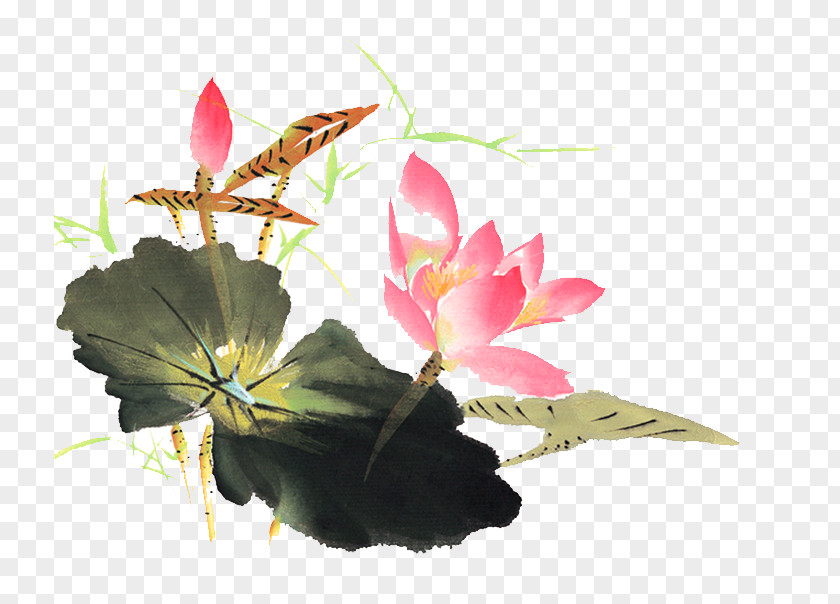 Chinese Style Lotus Effect Ink Wash Painting Art PNG
