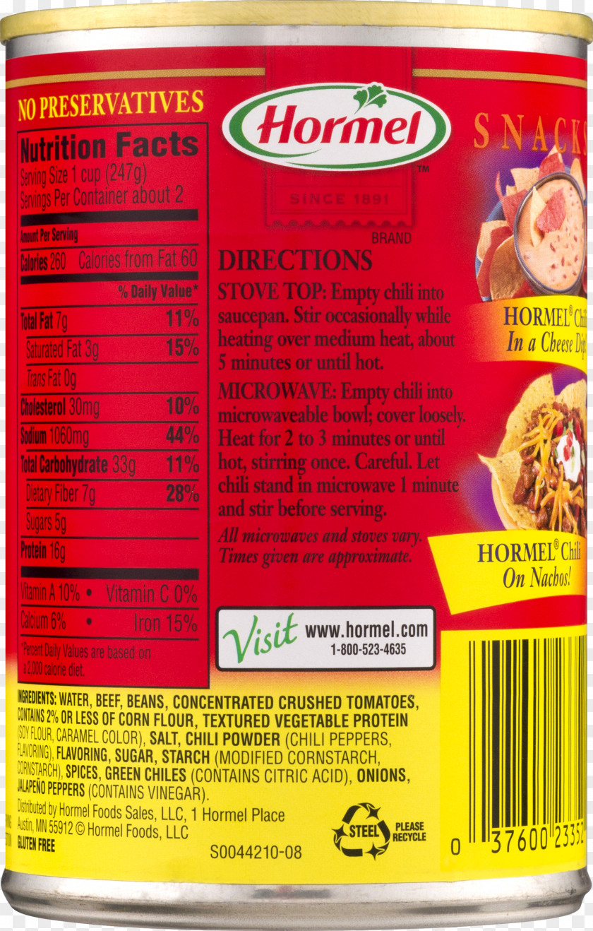 Tomato Chili Con Carne Nutrition Facts Label Bean Hormel Wolf Brand PNG