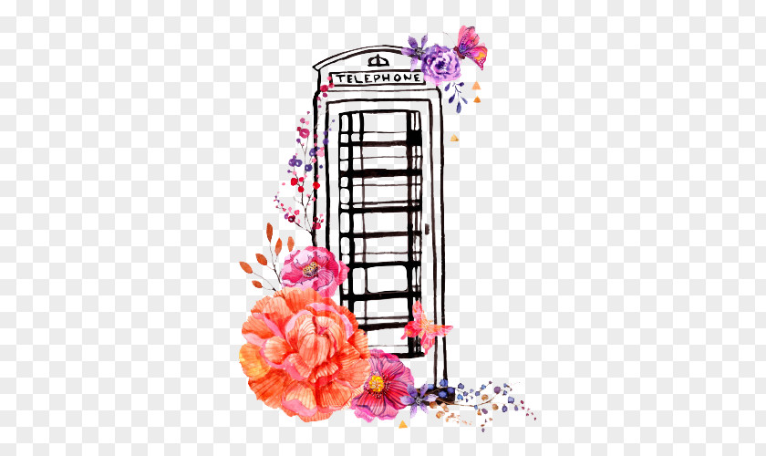 Hand-painted Style Telephone Booth Pattern Artwork London Watercolor Painting Illustration PNG