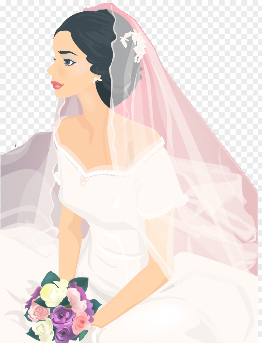 Hand-painted Cartoon Wedding Veil Bride Contemporary Western Dress Illustration PNG