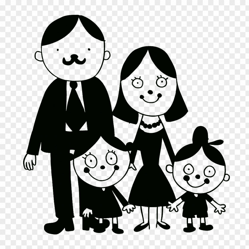 Black And White Cartoon Family Of Four Drawing Illustration PNG