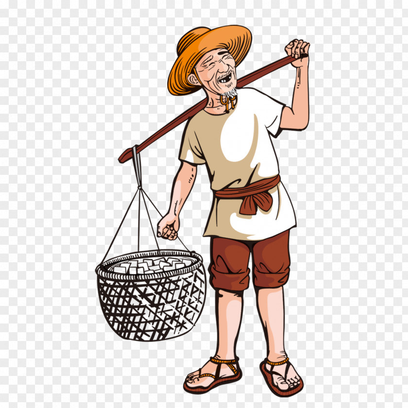 The Old Man With Bamboo Baskets Farmer Cartoon Illustration PNG