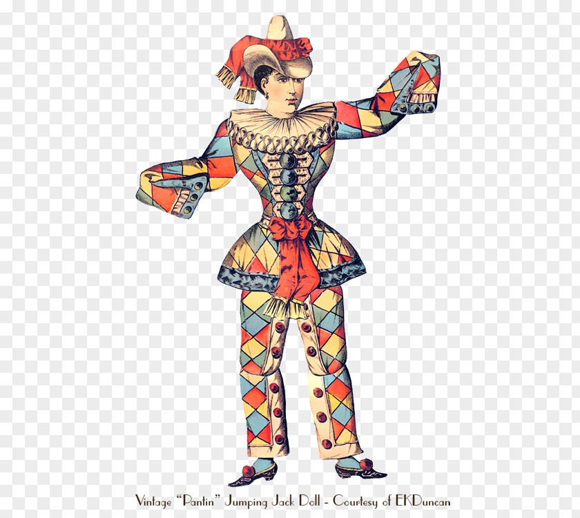 Vintage Clown Dolls Paper Harlequin Jumping Jack Doll PNG