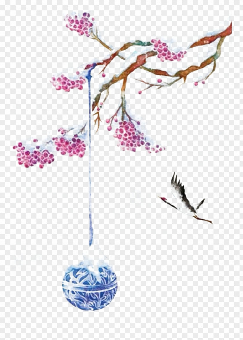 Flying Crane Watercolor Painting Chinese Art Landscape Illustration PNG