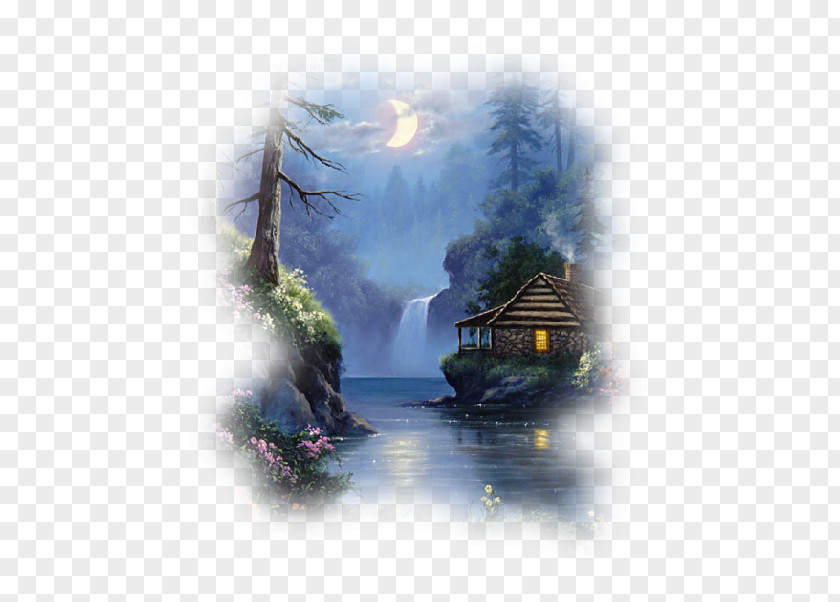Painting Moonlight Over The Lake Log Cabin PNG