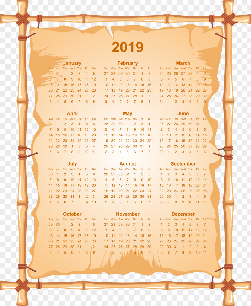 2019 Calendar Full Page With Bamboo Frame. PNG